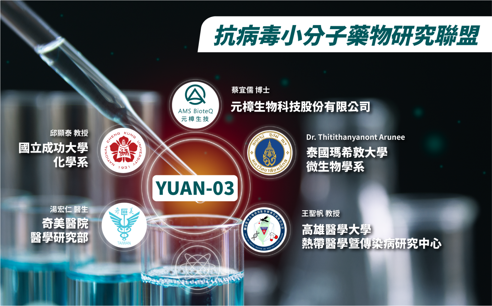 元樟攜手成大、高醫大、泰國瑪希敦大學及奇 美醫院等國際知名學術單位，共同推動相關研 究進展。 
